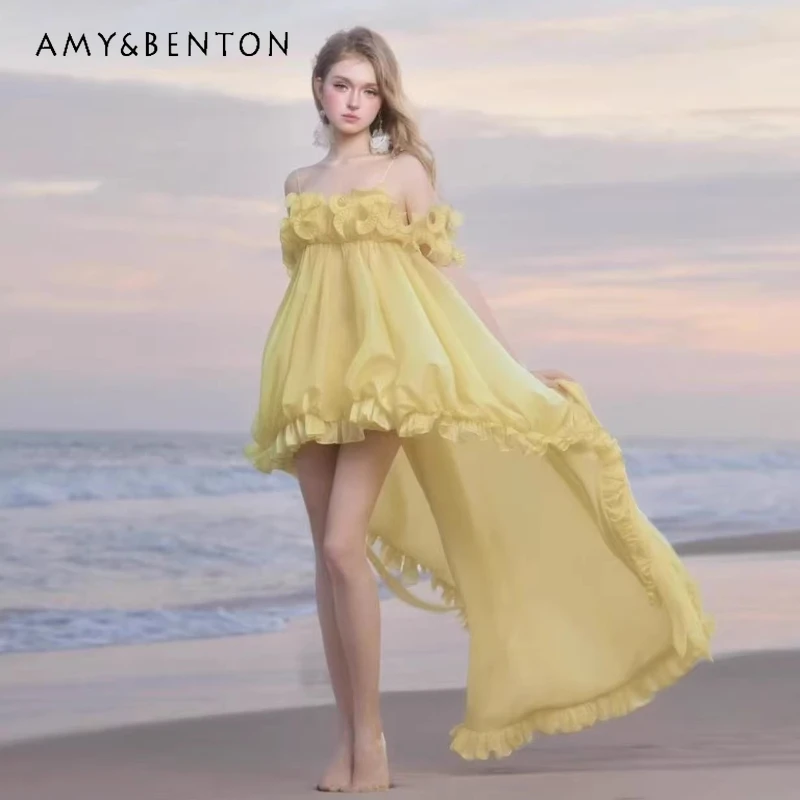 

French High-end Tube Top Lace Vacation Women's Dress 2026 New Yellow Sweet Cool Fashion Irregular Age-reducing Dresses Ladies