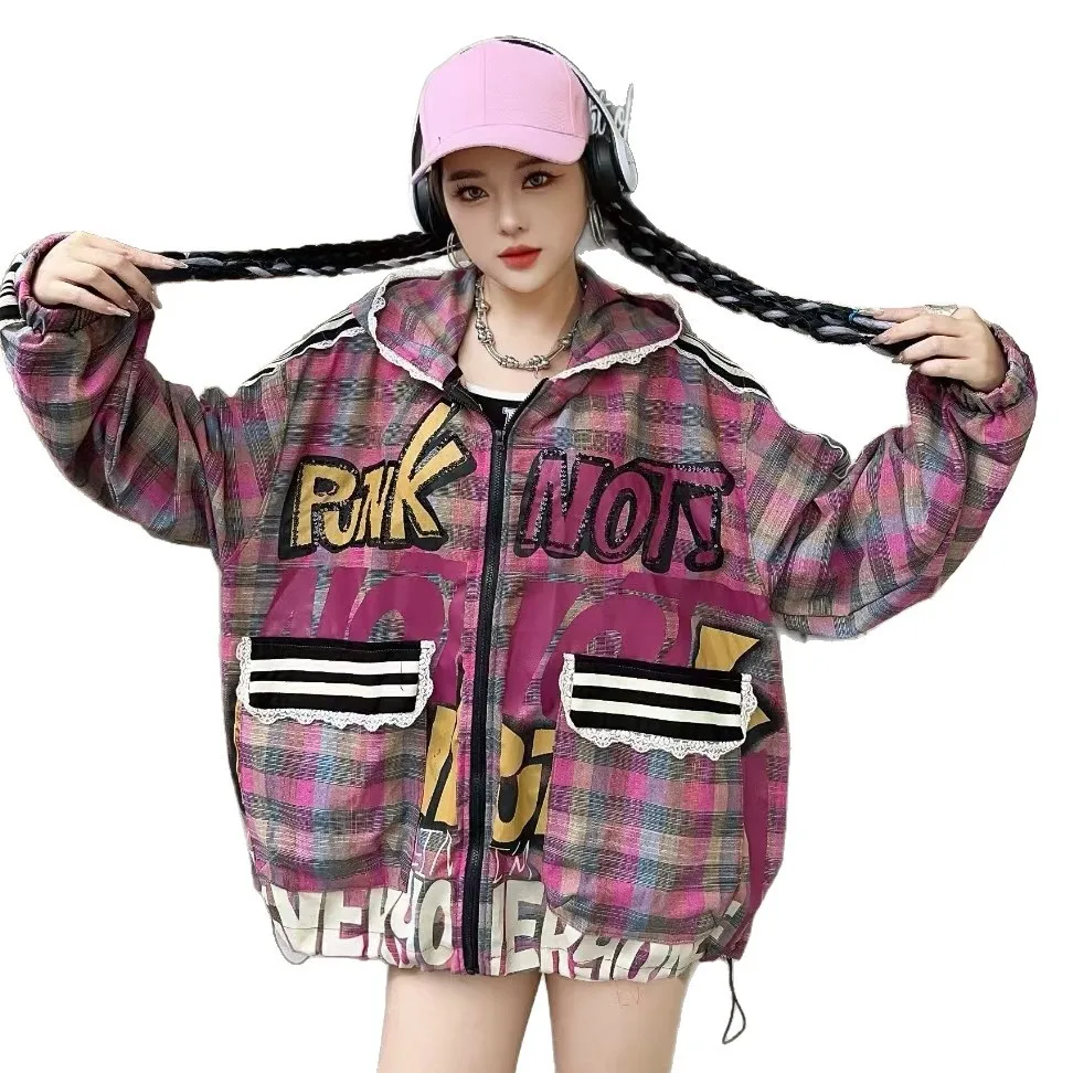 Cartoon Plaid Hooded Jacket Women 2025 Autumn New Loose Mid-Length Color Block Sun Protection Jacket Women's Fashion Hoodies