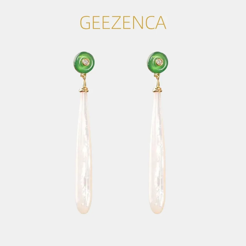 

GEEZENCA White Mother of Pearl Green Chalcedony 925 Silver Long Bar Charm Dangle Drop Earrings Women Simple Trendy Earring Gift