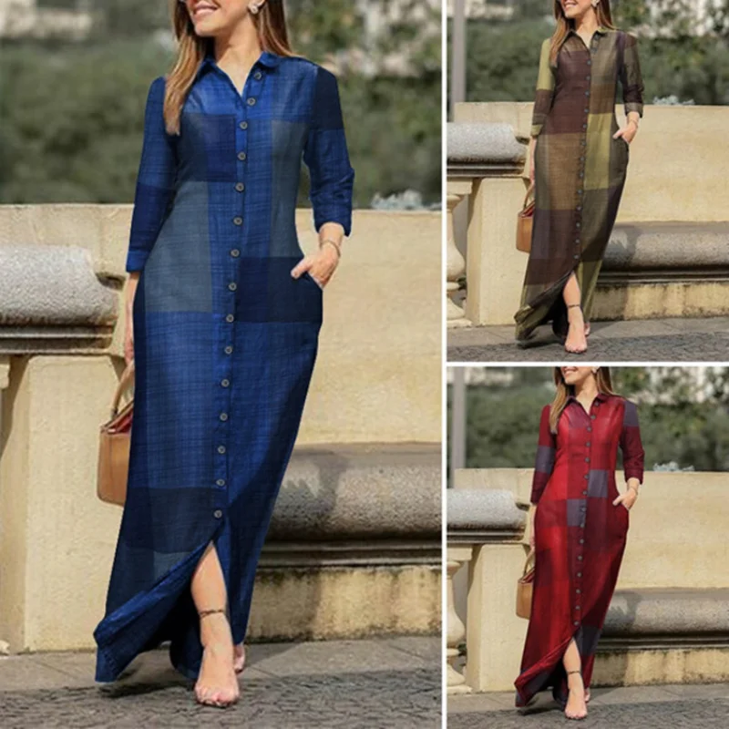 

2023 Muslim Abayat Dress Casual Lapel Long Sleeve Denim Shirt Women's Dress Check Print Islamic Clothing for Europe and America