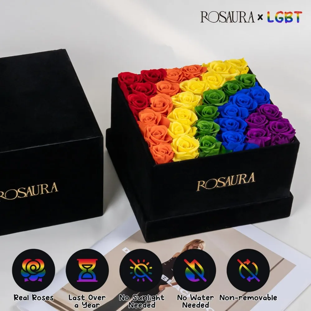 صندوق هدايا من الورود المحفوظة الأبدية مكون من 34 قطعة - زهور حقيقية تدوم إلى الأبد لعيد الحب بألوان قوس قزح #4