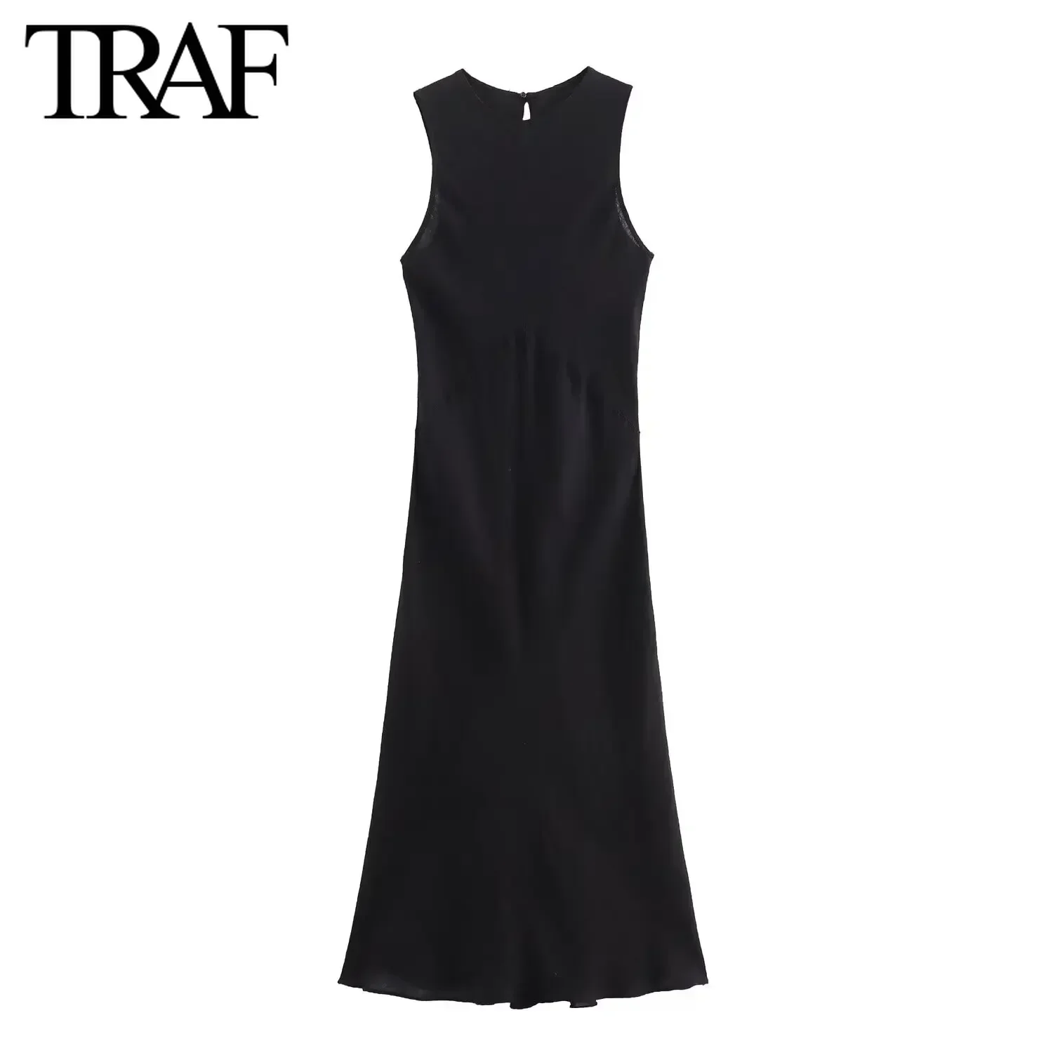 TRAF Women Fashion Summer New Solid Loose Linen Round Neck Sleeveless Back Zip Long Dress French Chic Female Evening Clothing