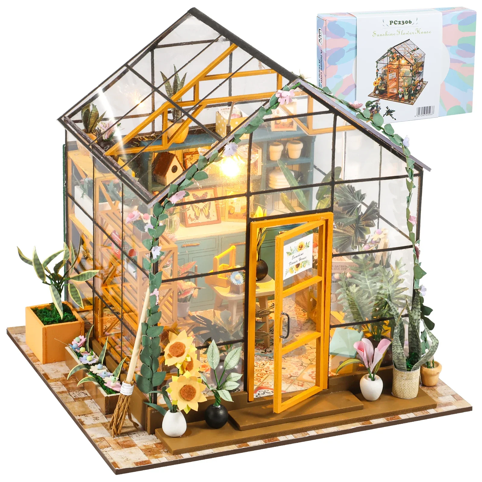 DIY Miniature Glass Greenhouse Kit with LED Light, 3D Wooden Puzzle Flower House Model for Adults and Girls Gift
