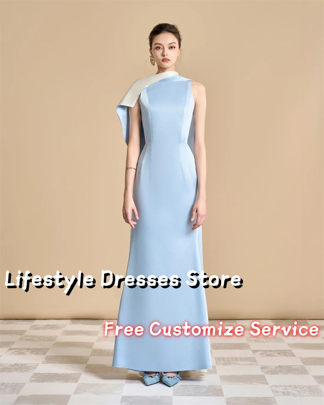 Customized Sleeveless Elegant Party Dress 2024 Ruched Light Blue Prom Evening Dress Wedding Formal Gown