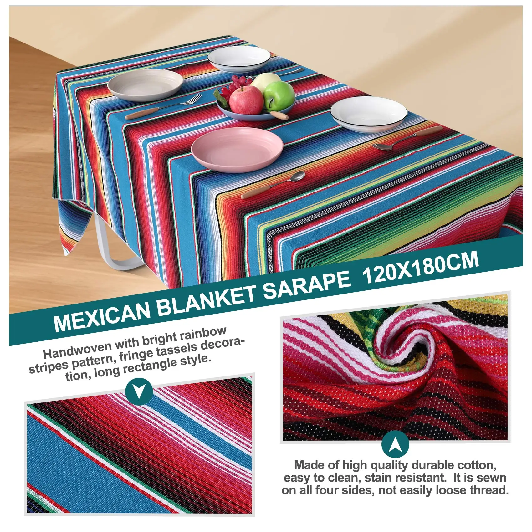 Mexicaanse Deken Sarape Picknick Tapijt Gooien Tafelkleed Hot Rod Voor Yoga Party, 120X180Cm
