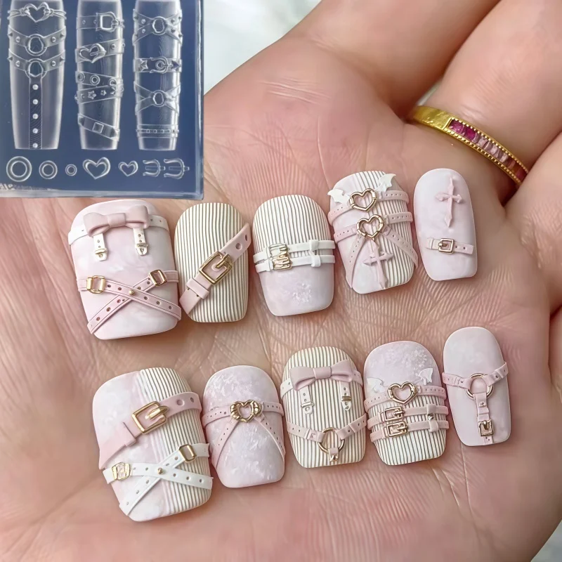 Transparent Silicone Nail Art Mold Belt Buckle Heart Lock Sweet Cool 3D Nail Decoration Mold for Professional Use