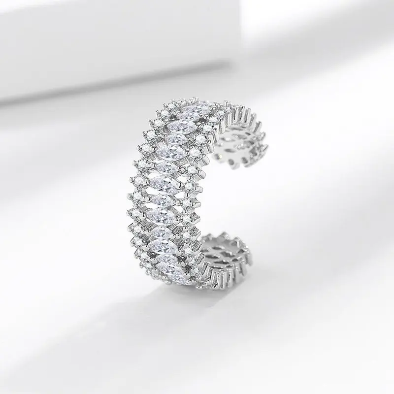French zircon ring with row diamonds and open mouth, elegant jewelry for women