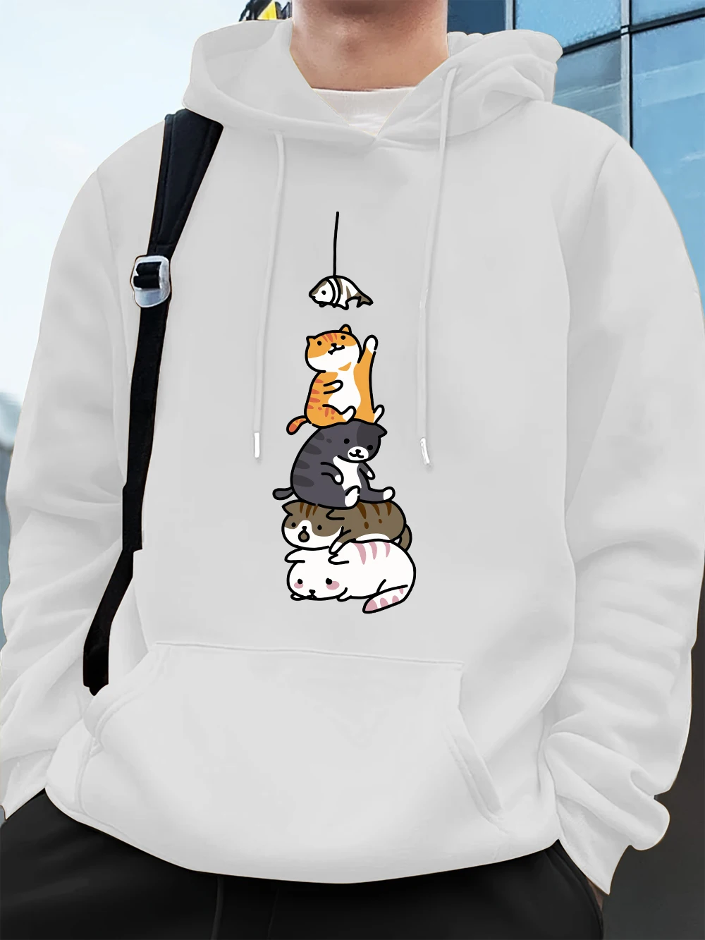 Fish Catching Cats Printing Mens Sweatshirt Winter Pocket Hoodies Fashion Fleece Warm Loose Sportswears Casual Men'S Clothes