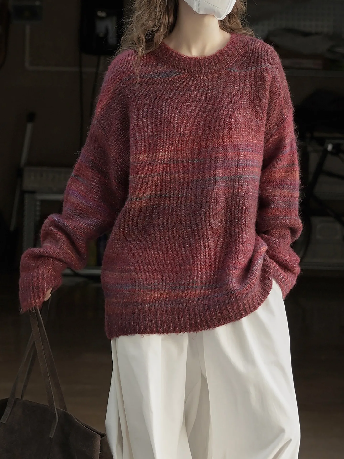 Invierno nuevo coreano retro gradiente contraste rayas suéter de lana cuello redondo top suelto para mujeres