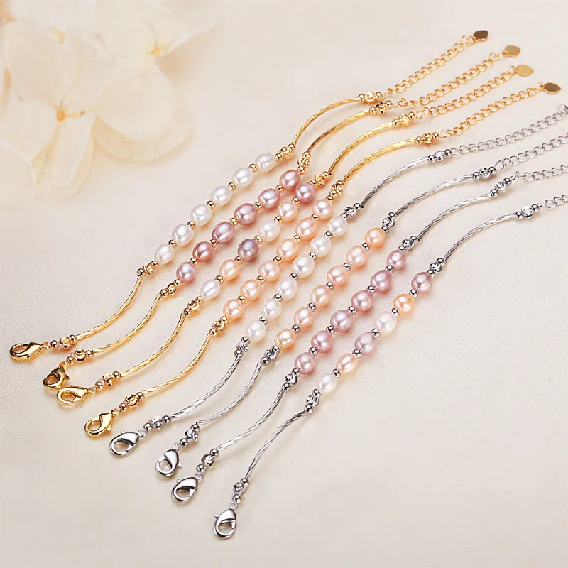 Dainashi-pulsera de perlas de agua dulce con forma de arroz, 5-6mm, 16cm + 4cm, pulsera ajustable para mujeres y niñas, novedades de 2025