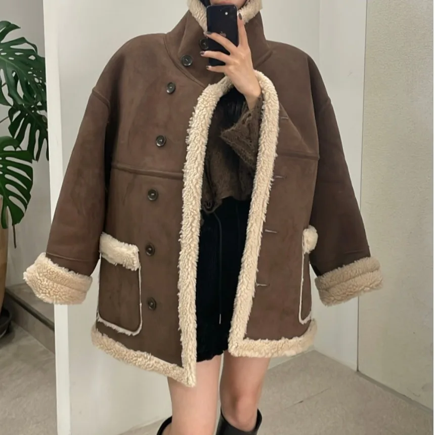 Senhoras chique coreano sle casaco de pele quente solto ajuste colarinho outono inverno nova chegada all-match pele de cordeiro intercuído outerwear