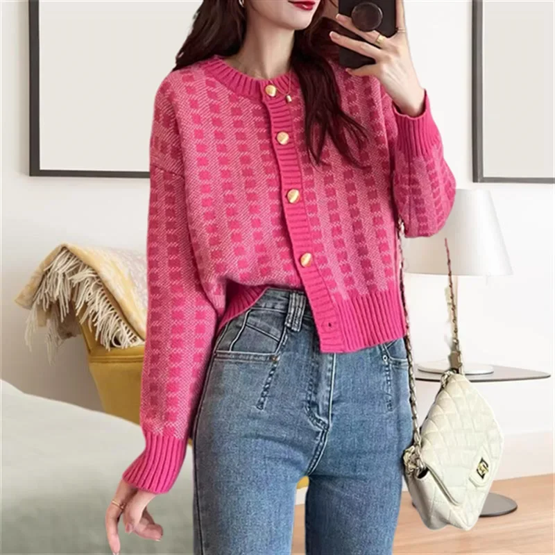 Women Clothing Cardigan Print Single Breasted Sweater Long Sleeve O Neck Knitted Jumpers Loose Button Casual Pockets 2024