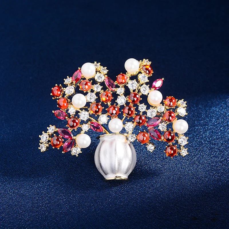 

High-grade Pearls Flowerpot Brooches Fashion Enamel Micro-inlaid Zircon Corsage Creative Dress Shawl Pin Female Jewelry Gift