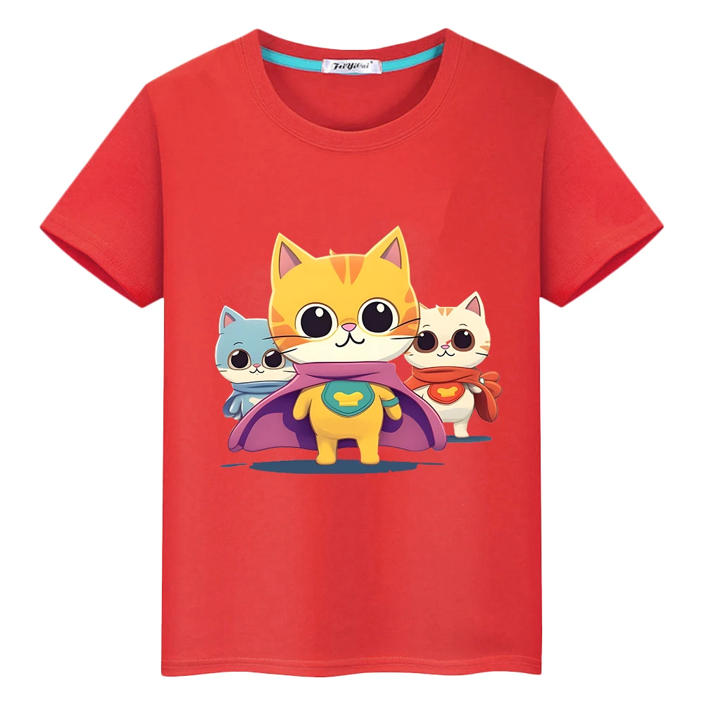 Camiseta fofa super gatinha 100% algodão, tops com estampa curta, camisetas casuais de anime para crianças, roupas para meninos e meninas, Y2K, 1 pc, verão