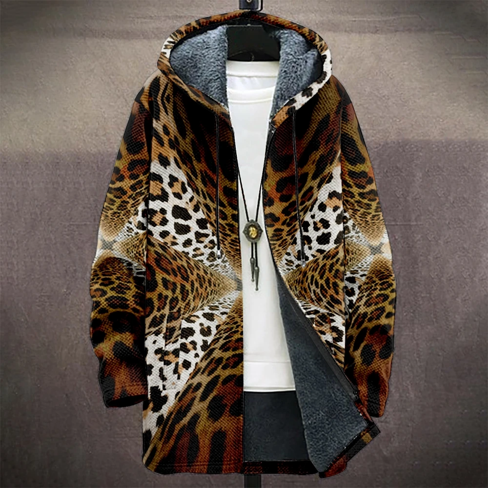 Men's Leopard Print Hooded Coat Collection Warm Faux-Fur Lined Jacket Multi-Color Animal Patterns Streetwear Winter Fashion Coat