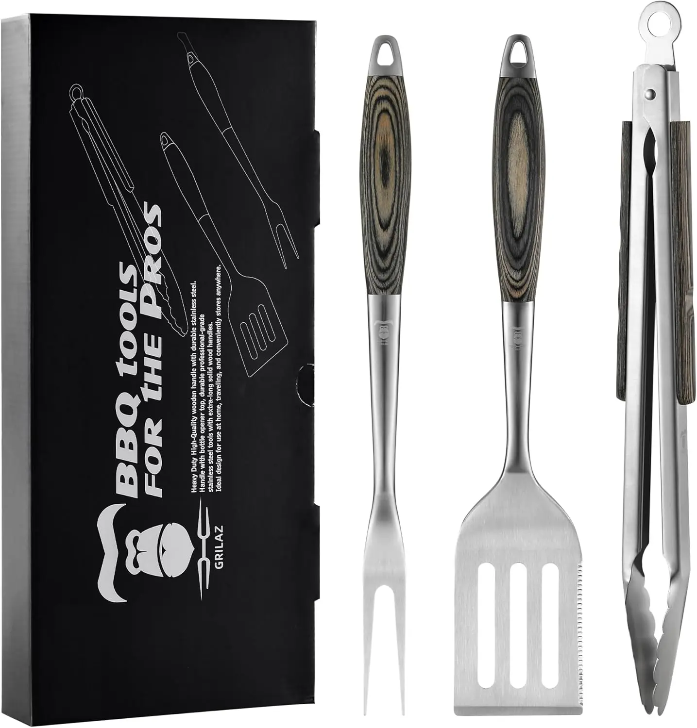 

Stainless Steel BBQ Tool Set with Veined-Dyed Wooden Handles | Heavy Duty Grilling Accessories | 3-Piece Outdoor becue