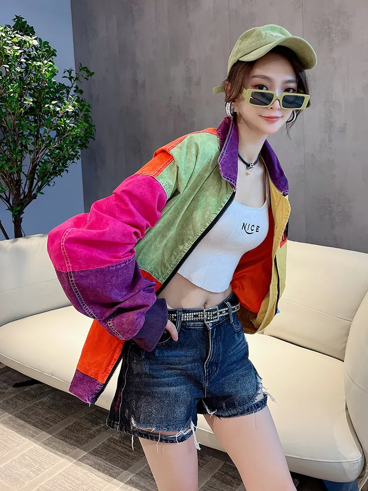 Streetwear Women\'s Spring Retro Baseball Jacket 2023 New Chic Bomber Jackets Loose Polo Collar Long Sleeve Zopper Parka Coat