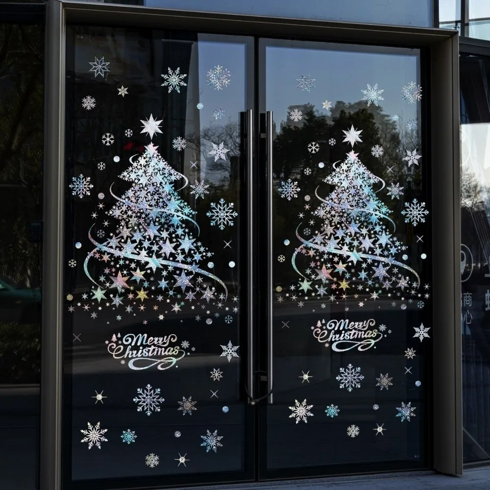 2Sheets Electrostatic Static Cling Christmas Glass Decals Merry Christmas Star Snowflake Pattern Christmas Tree Window Clings