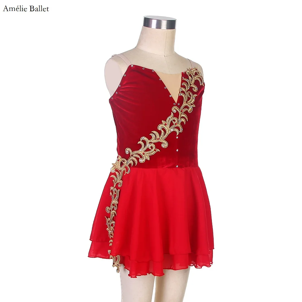 B20020 Tutú de danza de Ballet profesional personalizado para niñas y mujeres, corpiño de terciopelo rojo con apliques dorados y falda de gasa roja