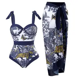 Traje de baño de una pieza con Push-Up para mujer, bañador Sexy con estampado Retro, minifalda, Monokini brasileño, novedad de 2024