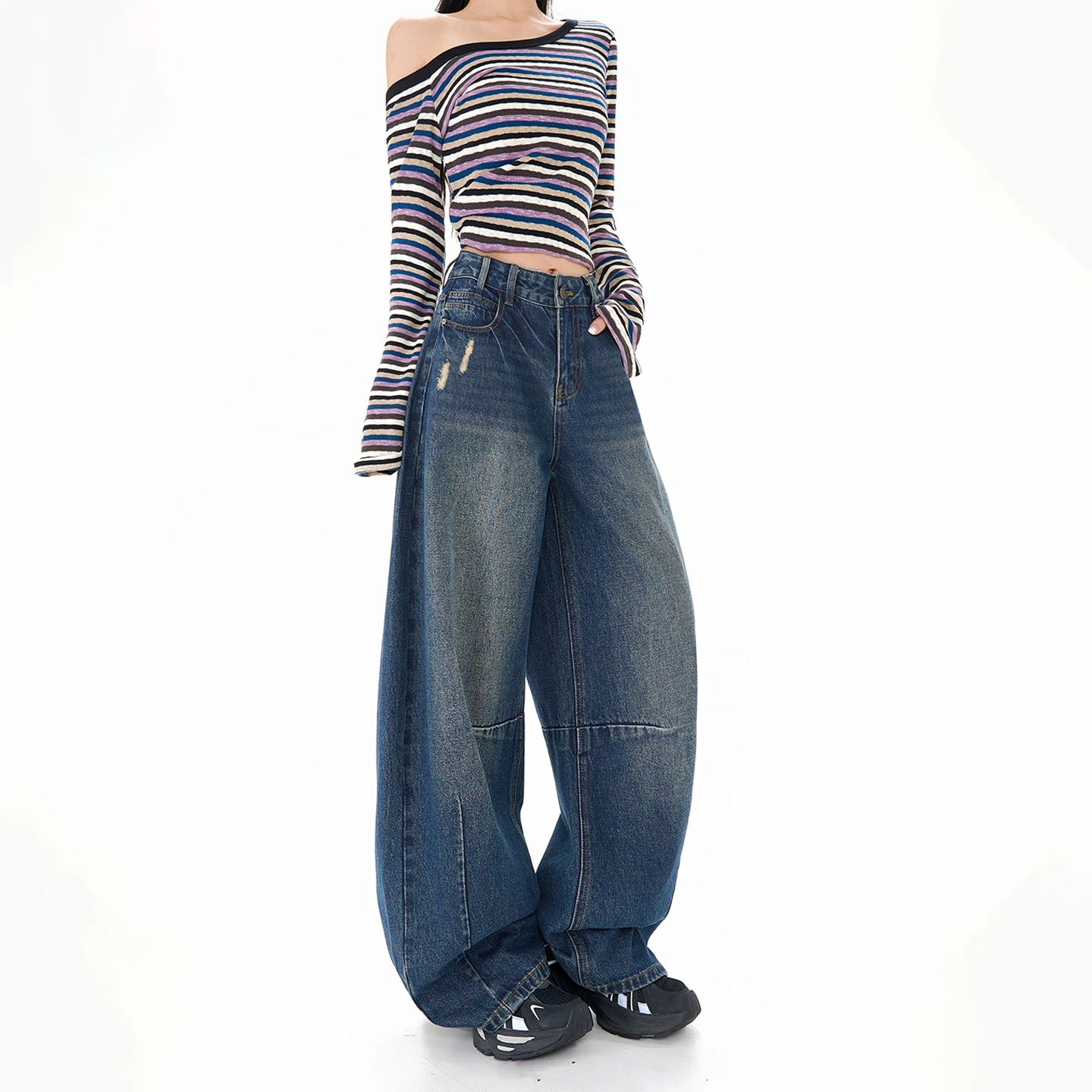 Celana Denim Wanita Model Retro Vintage Amerika, Berlapis Sherpa, Panjang Lantai, Gradasi Warna, Kaki Lebar, Model Slouchy dan Melengkung