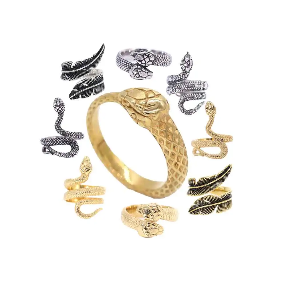 WDM Gothic Vintage Stainless Steel Snake Ring Black Silver 14k Gold Feather Steampunk Viking Adjustable Open Rings