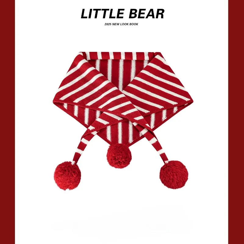 

New Korean Version Cute Ball Ball Red Striped Triangular Scarf for Autumn and Winter Warmth, Versatile Shawl Scarf for Women