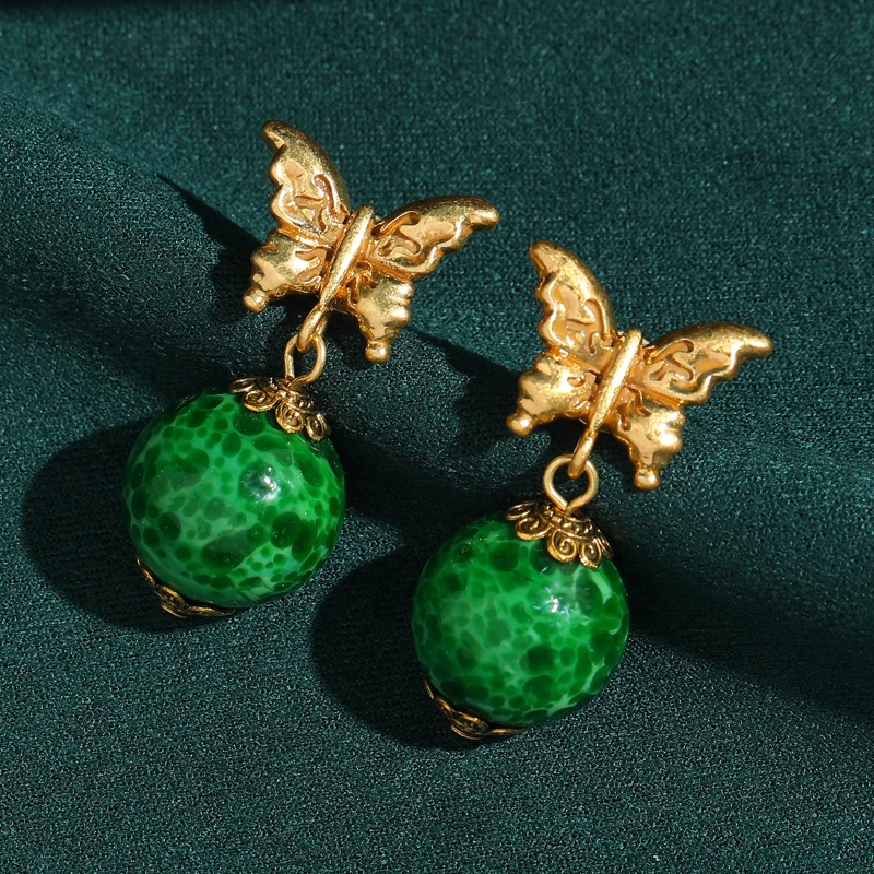 

Vintage Green Glazed Butterfly Earrings Drop Frog Skin Design Antique Gold Plated Jewelry Elegant Accessories Art Festival Decos