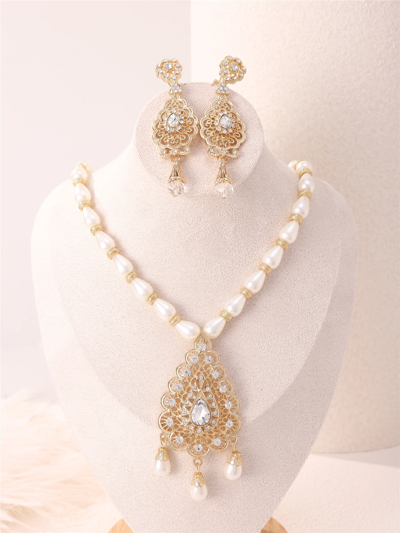 Algerian Bridal Handmade Beads Jewelry Set Arabic Women\'s Gown Imitation Pearl Necklace Earrings Accessories