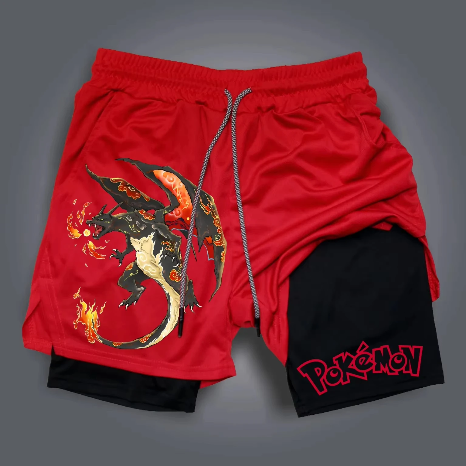 Pokémon Joint Sports Dubbellaagse shorts Amerikaans 2025 Zomer Herentrend Los Fitness Ademend Animatieprint 2-in-1 shorts