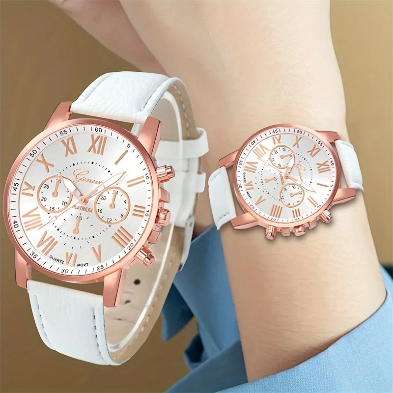 1pcs Fashion Quartz Watch - Rose Gold accents, white PU leather strap available in multiple colors for men and women