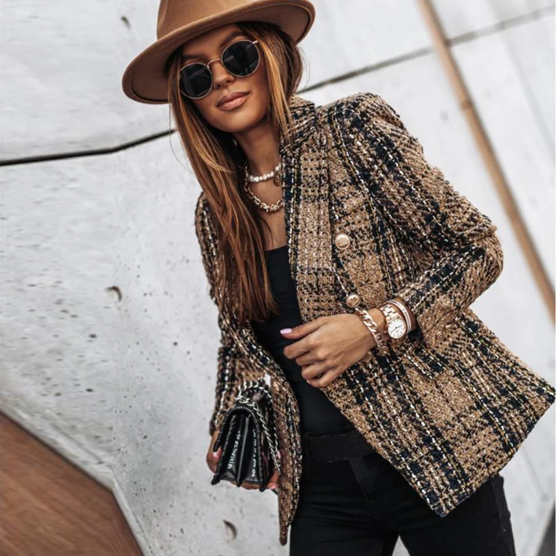 Ladies Plaid Blazer 2022 Women Spring-Autumn Vintage Suits Jackets Office Ladies Chic Slim Blazers Girls Tassel Tops Coat