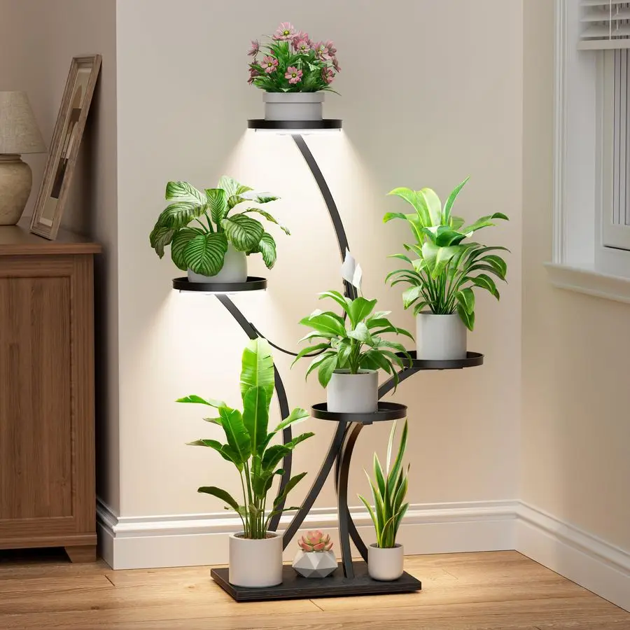 

Напольная угловая подставка для растений в форме дерева с подсветкой, 5-ярусная металлическая стойка для цветов для выращивания в помещении