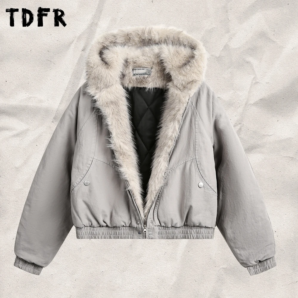 Solid Color Hooded Padded Jacket Mens Winter Fur Collar Loose Long Sleeve Thick Outerwear Man
