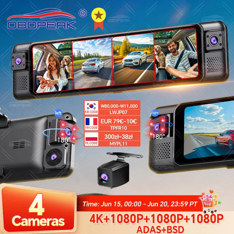D80 4 canais 360 °   4k traço cam adas bsd espelho retrovisor câmera frontal traseira esquerda direita wifi visão noturna 24h parque monitorcar dvr