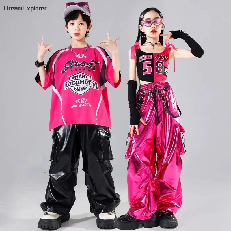 Hip Hop Boys T-shirt PU Shiny Leather Cargo Pants Girls Crop Top Streetwear Kids Street Dance Shorts Costumes Child Jazz Clothes