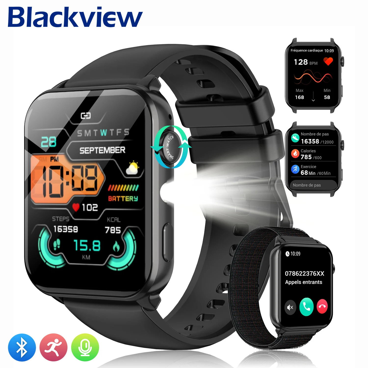 Montre connectée Blackview Bluetooth 2025 avec lampe de poche LED, plus de 100 Modes sportifs R30 Max, écran TFT 1.91 pouces, montres de Fitness pour hommes et femmes