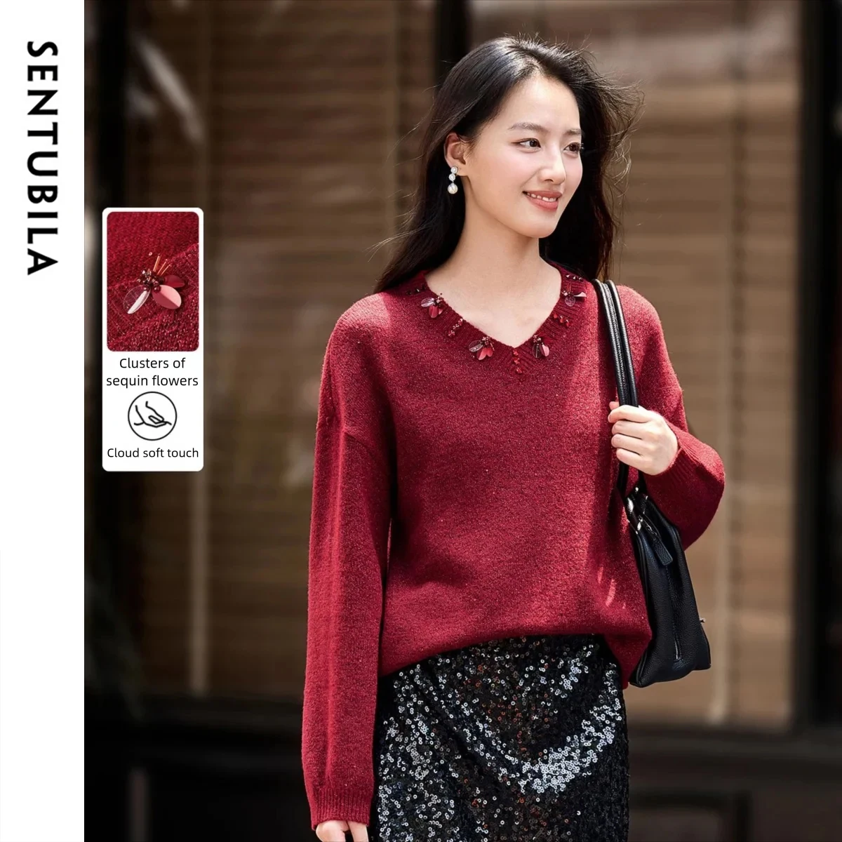 

SENTUBILA Women's Tufted Bead Flower Pullover Sweater 2025 Autumn Elegant V-Neck Loose Fit Top Office Commuter Jumpers W53EG3763