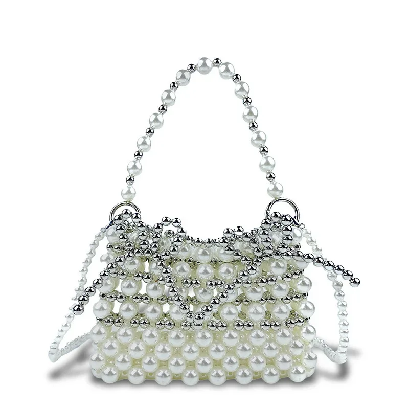 Fashion Pearl Beaded Mini Handbag Hollow Out Design Women's Handmade Woven Beaded Evening Bag Wedding Party Clutches New Arrival