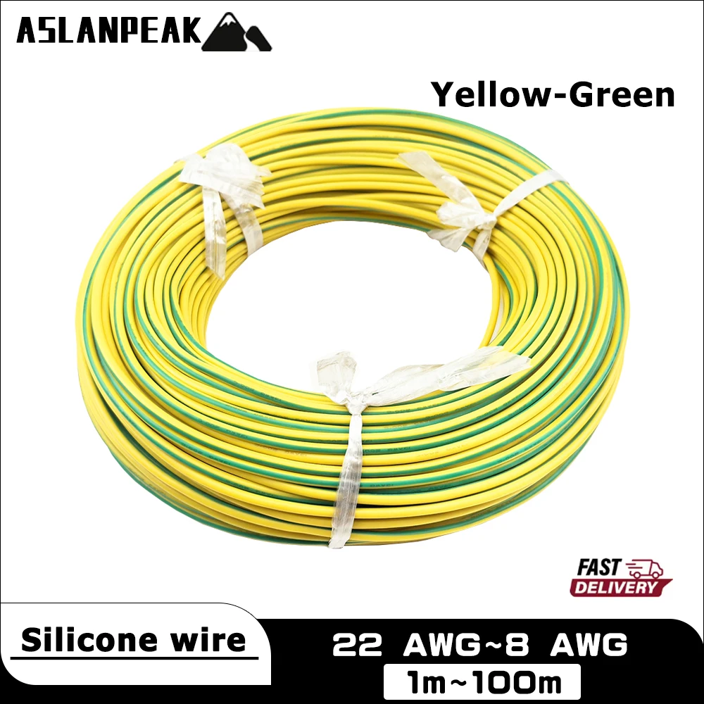 

Yellow-Green 22-8AWG 1-100m Silicone cable Ground wire Earth lead automotive battery charger jumper electric wire 11 13 15 awg