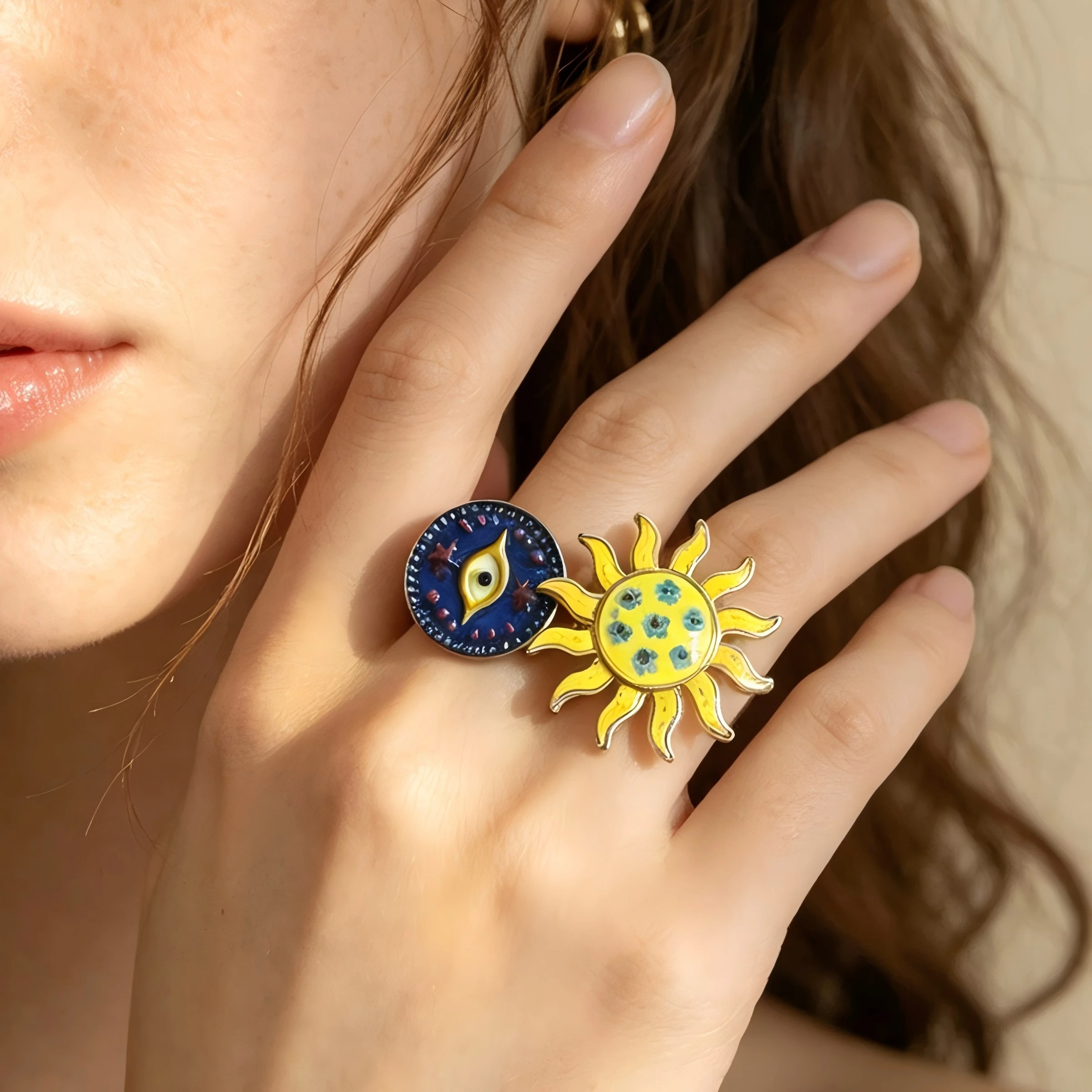 Vintage Fashion Golden Devil's Eye Sunflower Adjustable Opening Rings for Women Summer Beach Vacation Party Jewelry Accessories