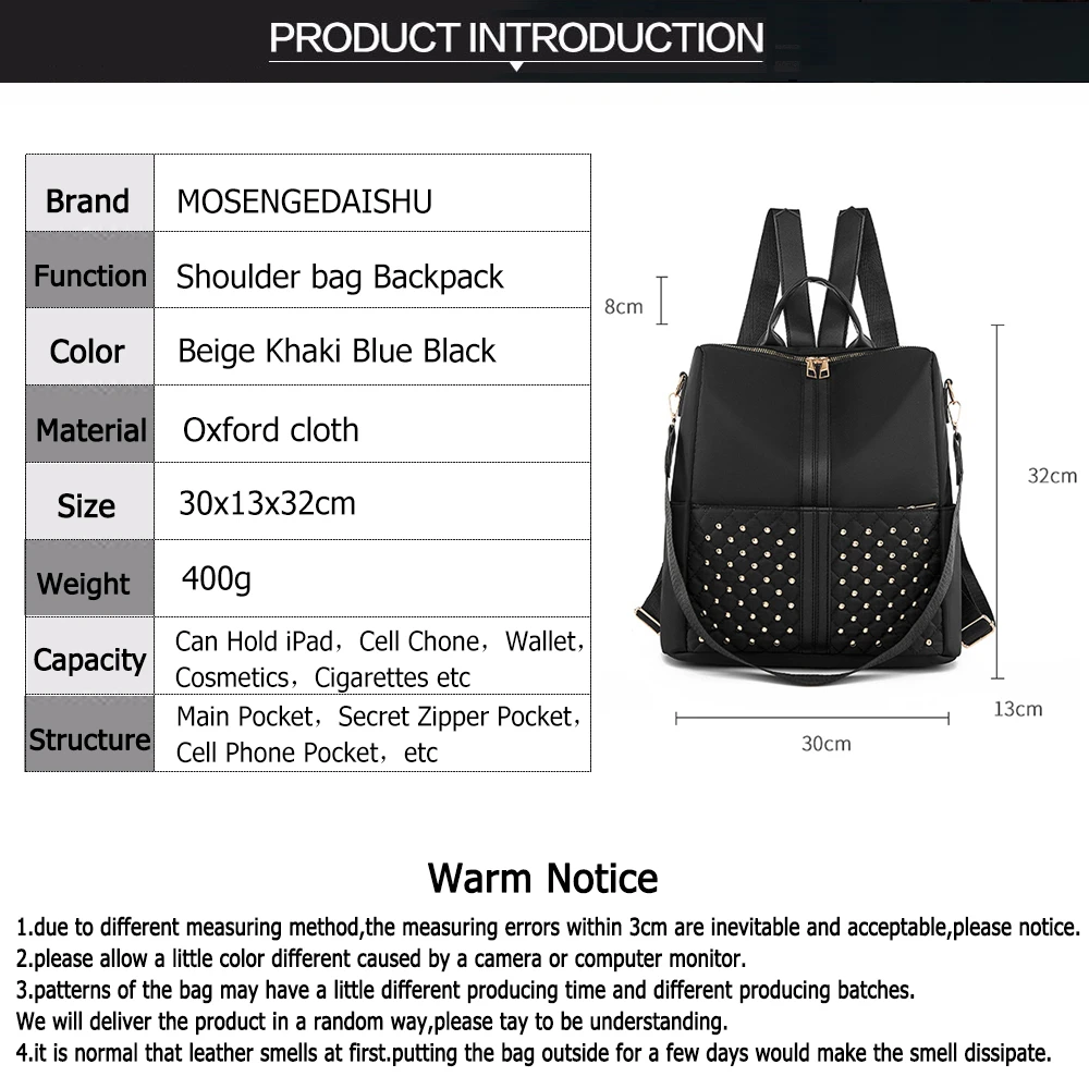 Diamond-encrusted Ladies Backpack Multifunctional High Quality Oxford Cloth Ladies Shoulder Bag Solid Color Women Travel Bags