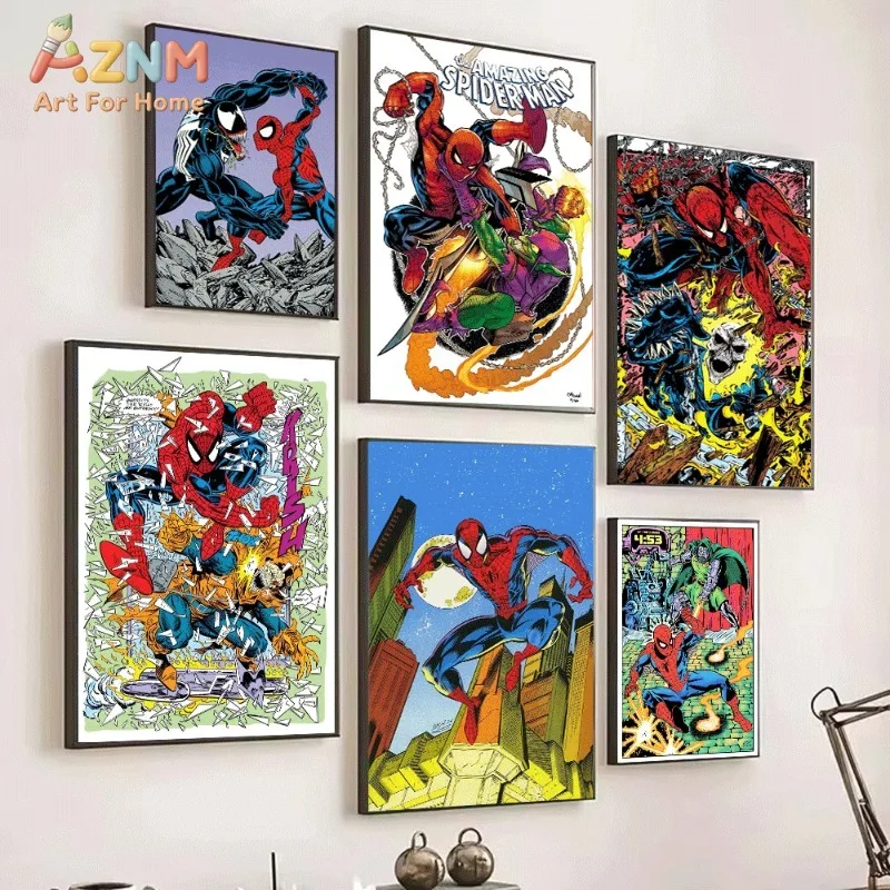 Spider Man Vs Venom Fight Canvas Wall Art Vintage Comic Superhero Print Collage For Teen Boys Bedroom Gaming Dorm Wall Unframed