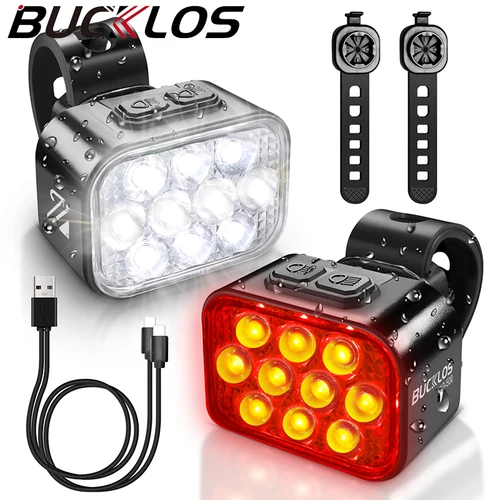 BUCKLOS 10 luces LED para bicicleta, luz trasera de bicicleta de alto brillo, luces delanteras de bicicleta impermeables, lámpara de ciclismo con carga tipo C
