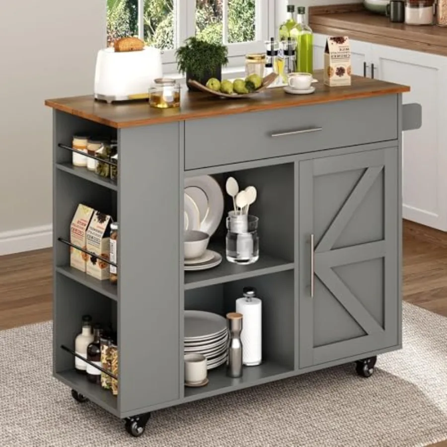 Kitchen Island cart on Wheels with Storage Kitchen Island with Spice Rack and Towel Rack Rolling Kitchen Island with Open Shelv