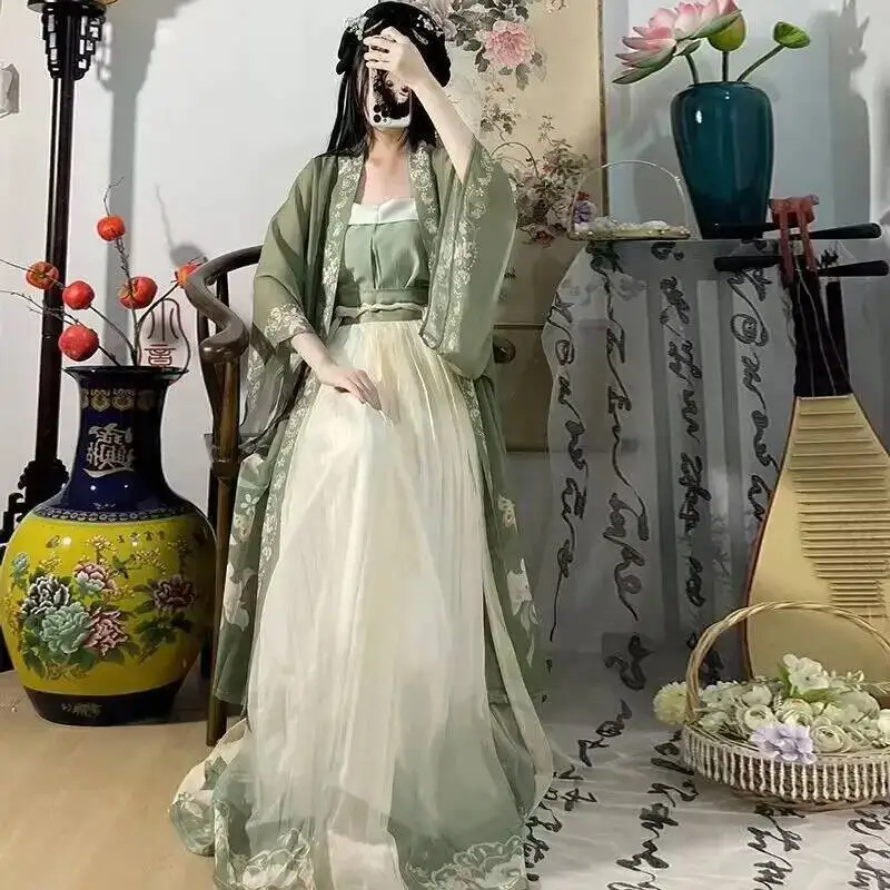 Hanfu Costume cosplay tradizionale cinese da donna Dinastia Song antica Abito Hanfu Primavera Estate 3 pezzi Set verdi Taglie forti xl
