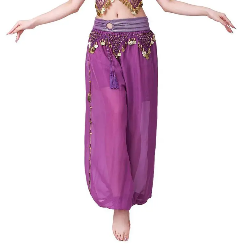 Women Belly Dance See-Though Loose Pants Female Stage Performance Costume Side Split Sequins Bloomers Semi Dancewear