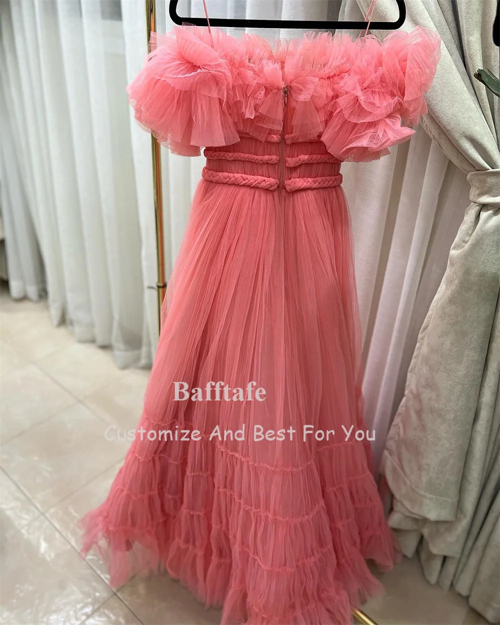 Bafftafe Pink Tulle A Line Ruffles Prom Party Gowns Pleated Long Formal Celebrity Dresses Women Special Customized Evening Gowns