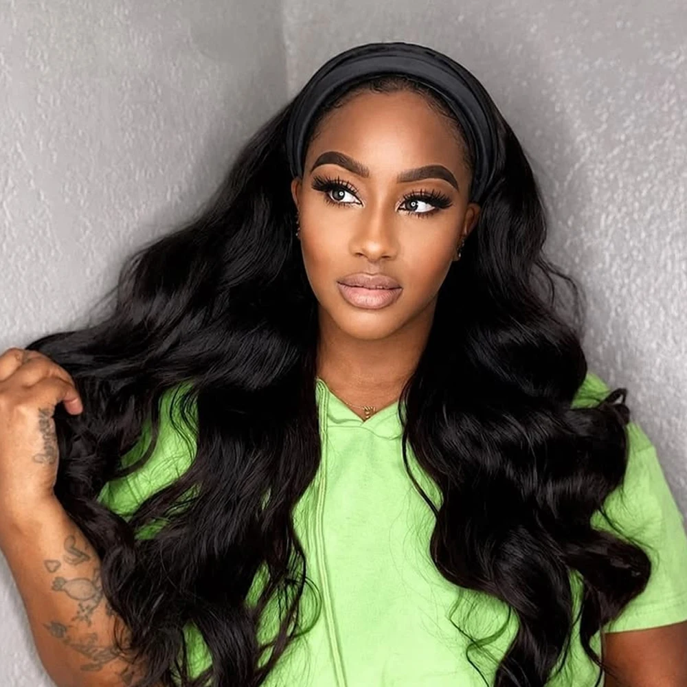 30Inch Headband Wig Human Hair Body Wave Style Glueless None Lace Front Wig Brazilian Remy Machine Made Wigs for Black Women Ready to Wear Wig