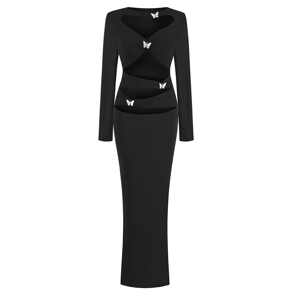 

Женское сексуальное платье макси с длинным рукавом и украшением в виде бабочки, вечернее коктейльное вечернее облегающее платье, черное платье для выпускного вечера